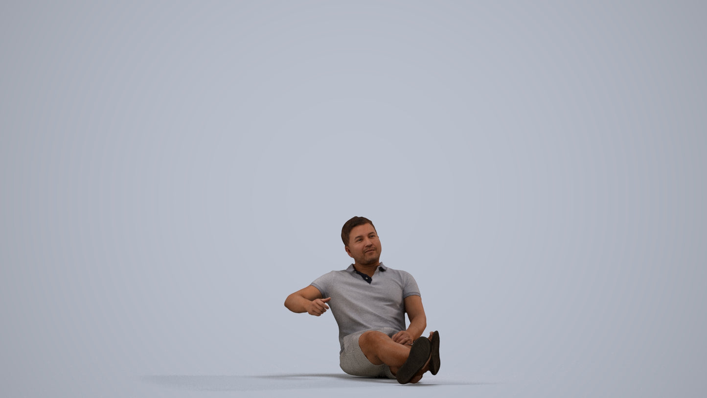 3D people model man casual sitting, scanned human for 3ds Max rendering, side view render