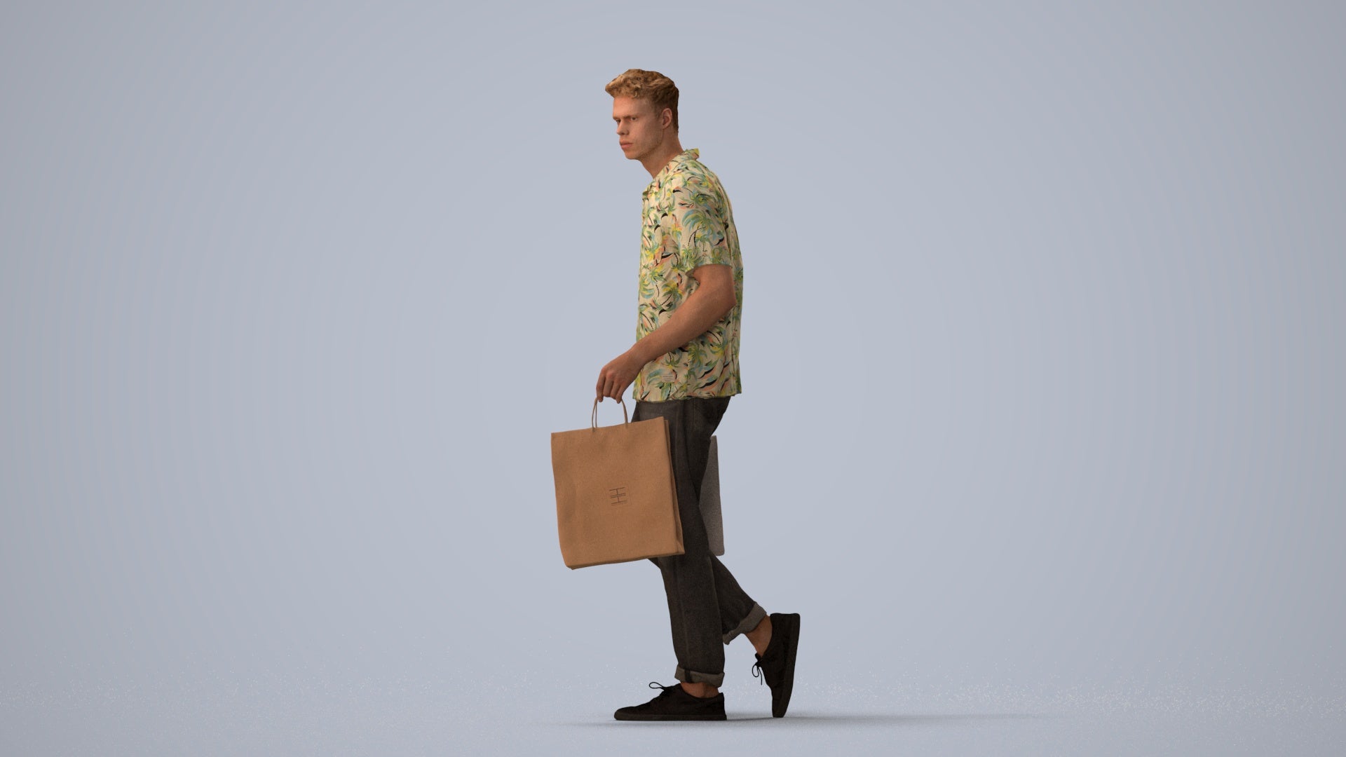 3D human model man casual shopping, photogrammetry scanned person for archviz, three-quarter view render
