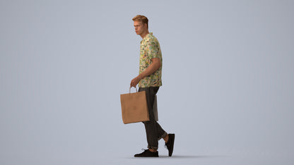 3D human model man casual shopping, photogrammetry scanned person for archviz, three-quarter view render