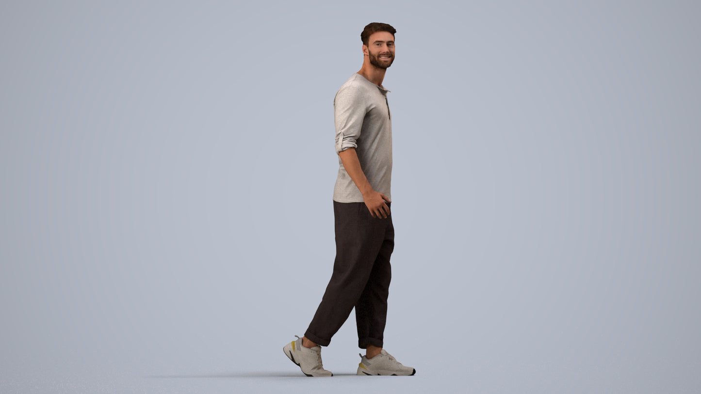 realistic 3D human man casual walking, archviz people FBX OBJ for Blender, side view render
