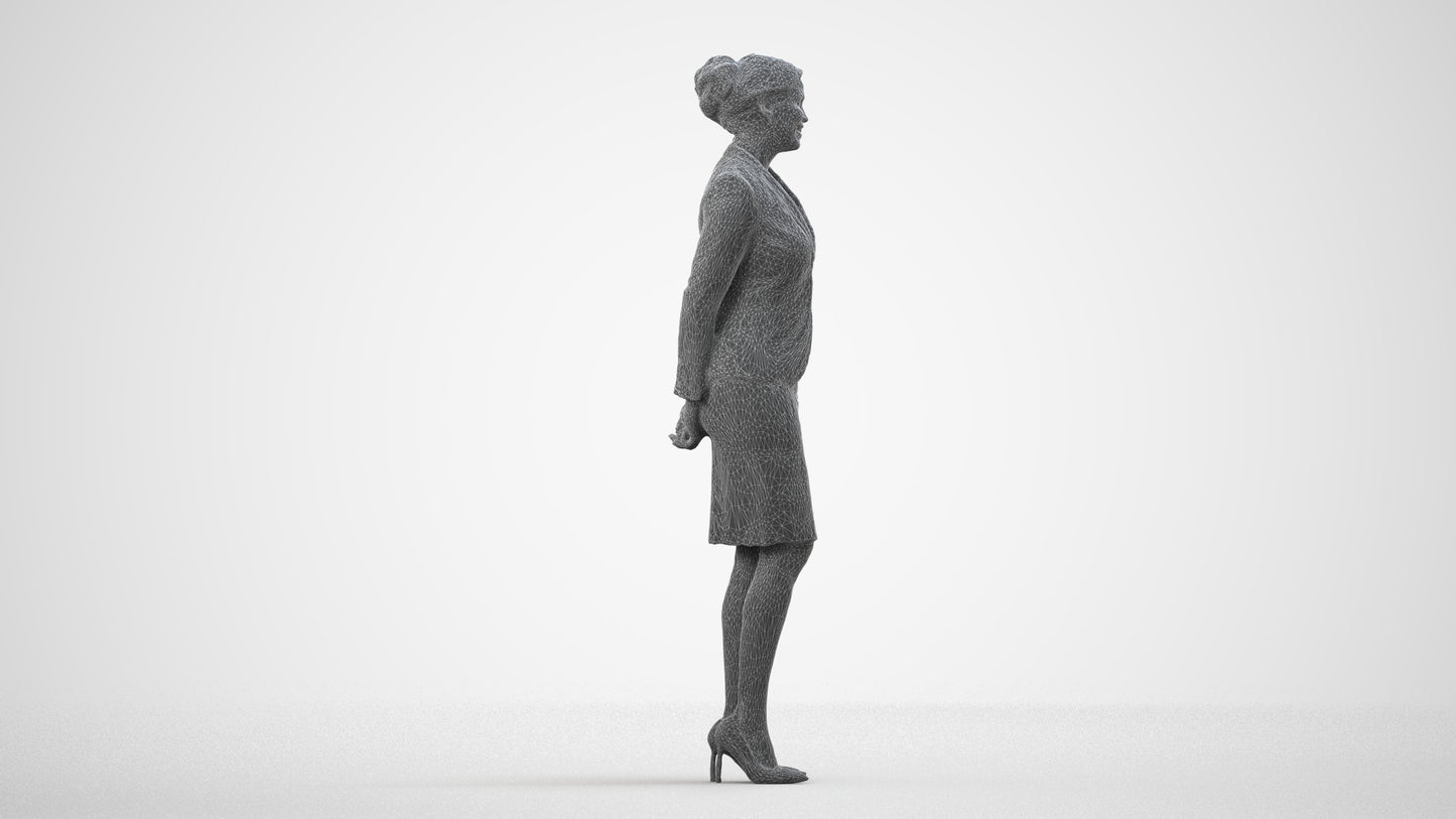realistic 3D woman hospitality, scanned archviz people for Blender and 3ds Max, wireframe side view