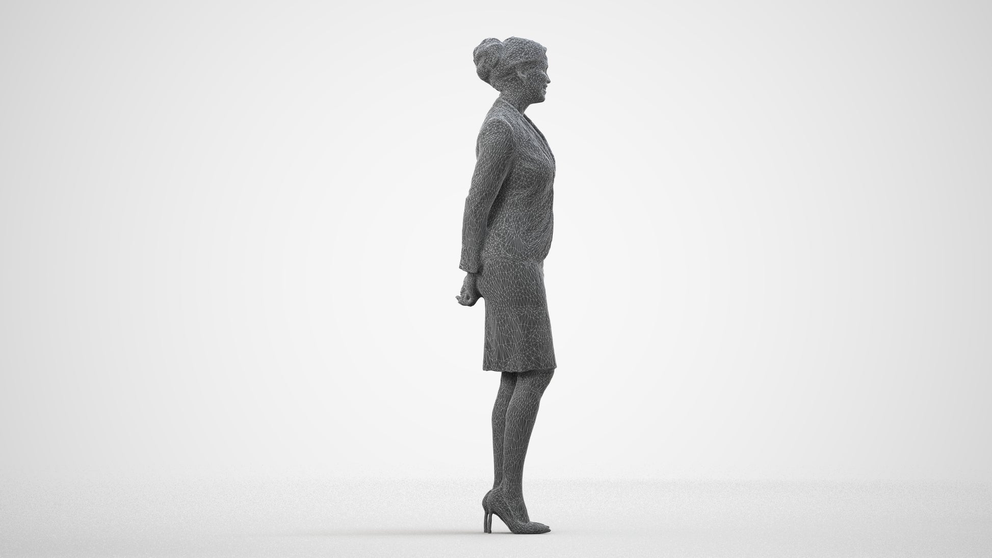 realistic 3D woman hospitality, scanned archviz people for Blender and 3ds Max, wireframe side view