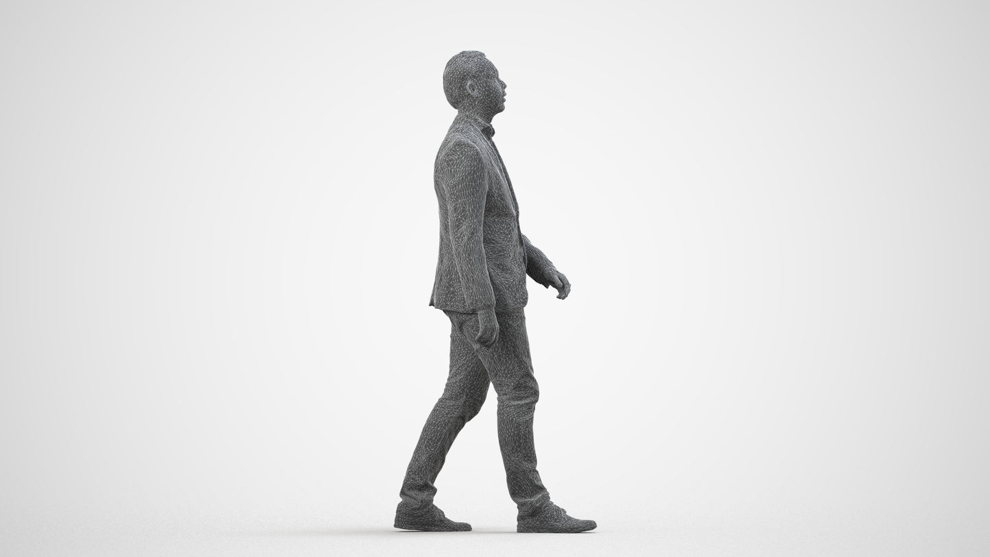 3D human model man business walking, photogrammetry scanned person for archviz, wireframe side view
