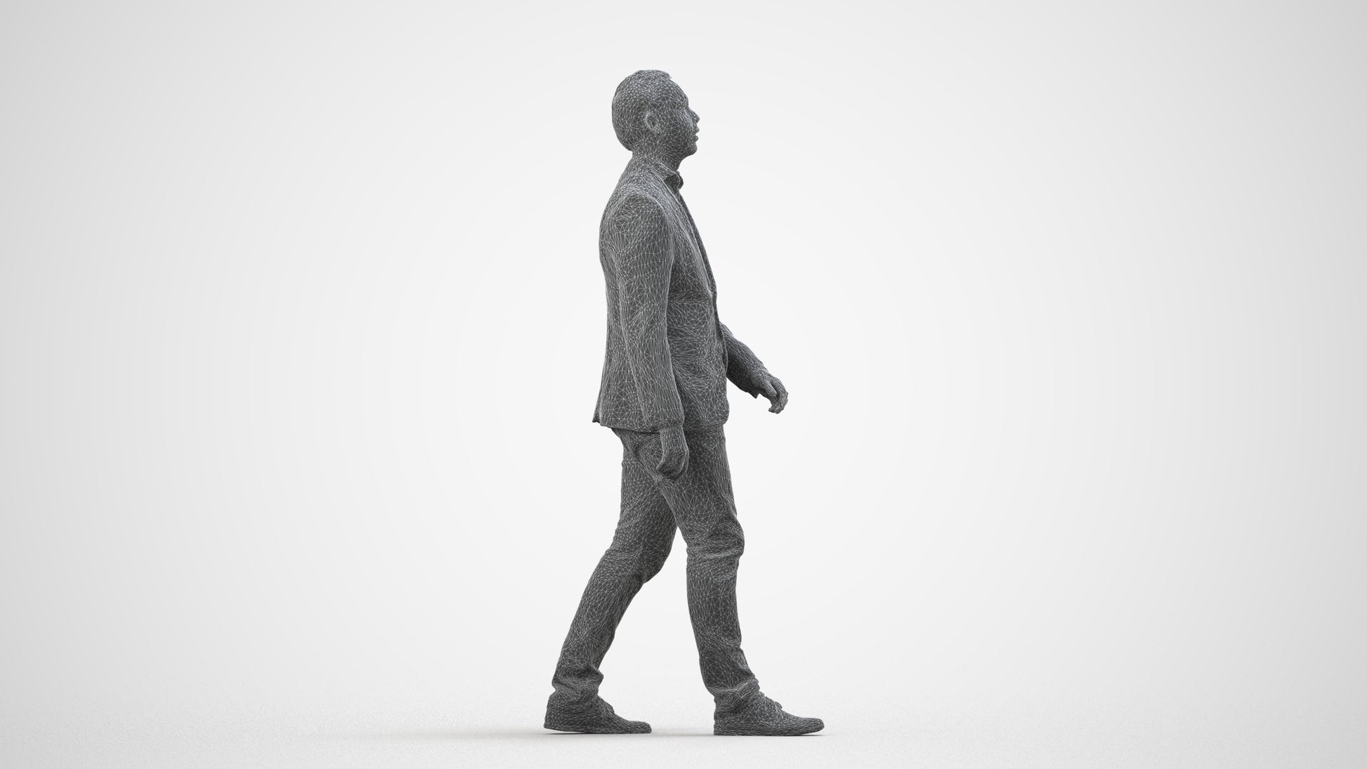 3D human model man business walking, photogrammetry scanned person for archviz, wireframe side view