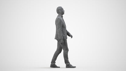 3D human model man business walking, photogrammetry scanned person for archviz, wireframe side view