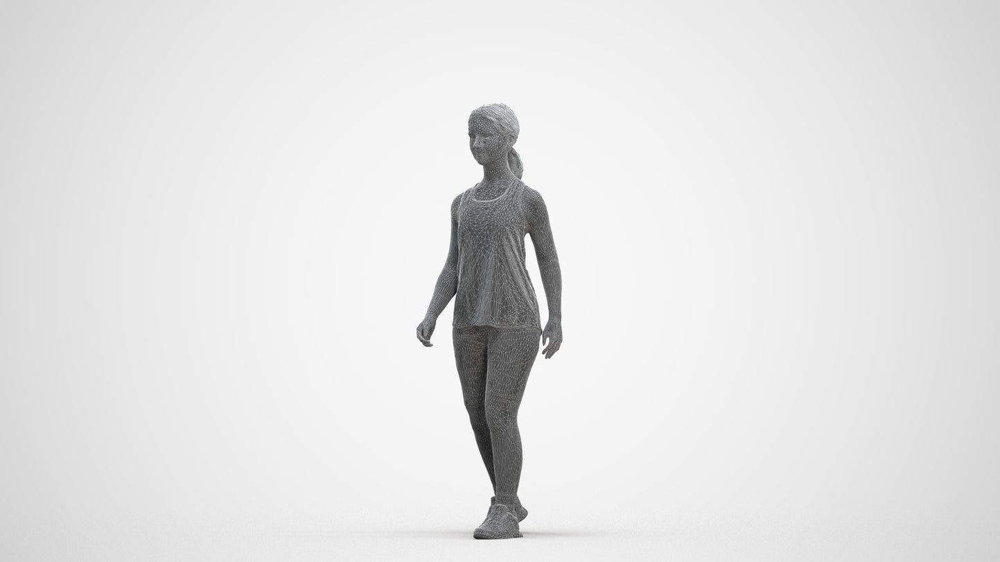 3D scanned girl walking sport, photorealistic archviz people for Enscape and SketchUp, three-quarter front view render