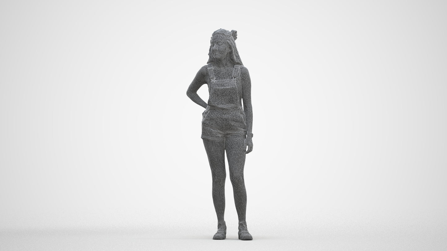3D human model woman casual standing, photogrammetry scanned person for archviz, three-quarter front view render