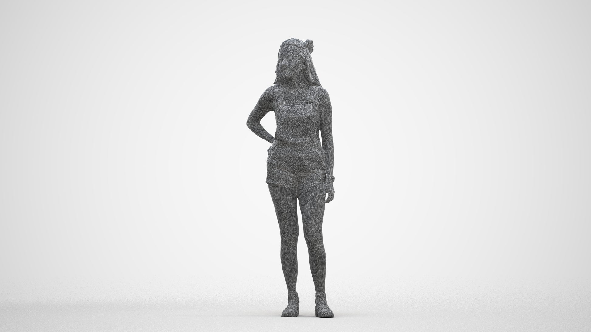 3D human model woman casual standing, photogrammetry scanned person for archviz, three-quarter front view render