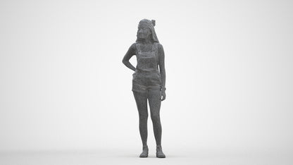 3D human model woman casual standing, photogrammetry scanned person for archviz, three-quarter front view render