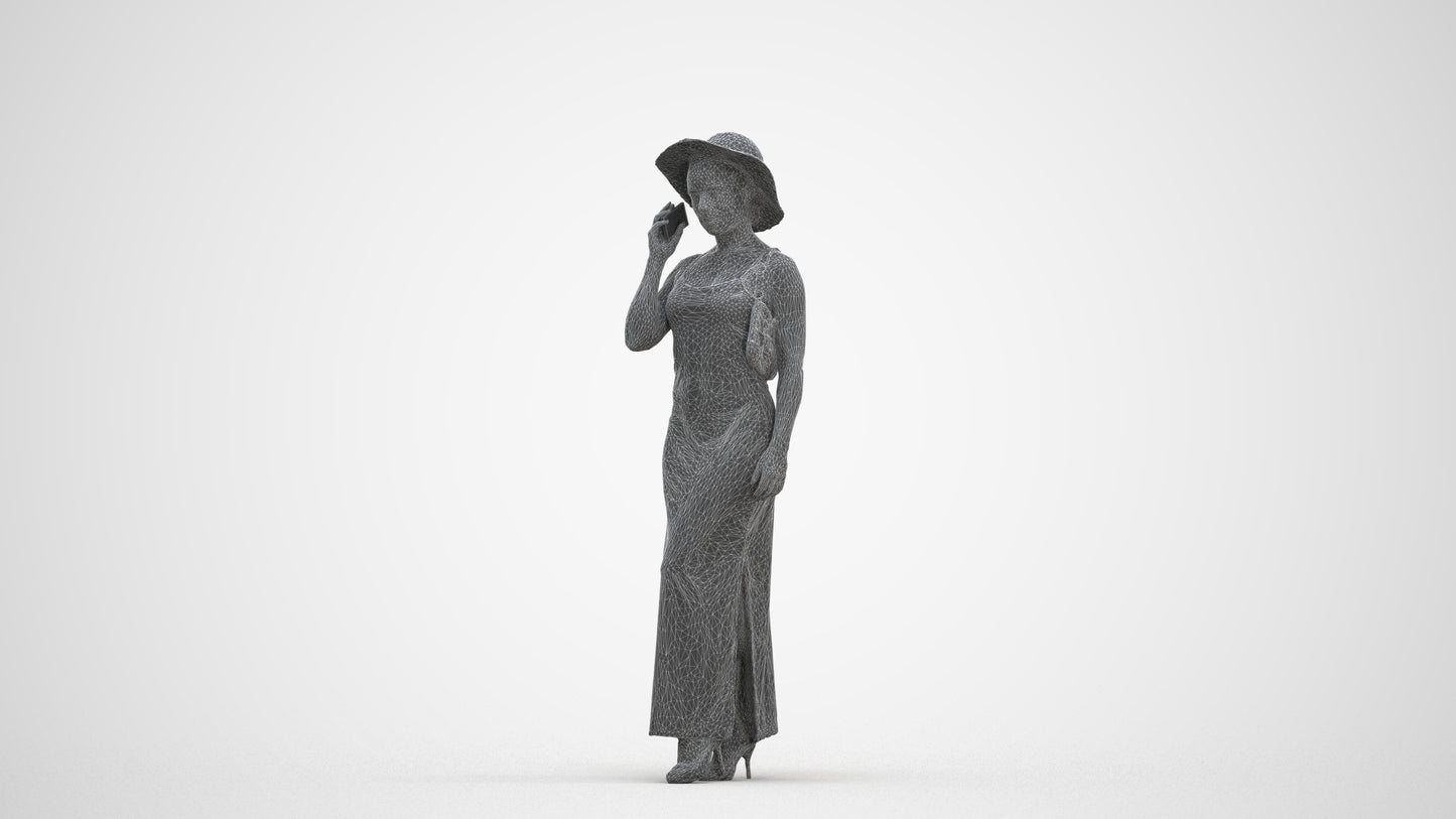 3D human model woman casual standing, photogrammetry scanned person for archviz, three-quarter front view render