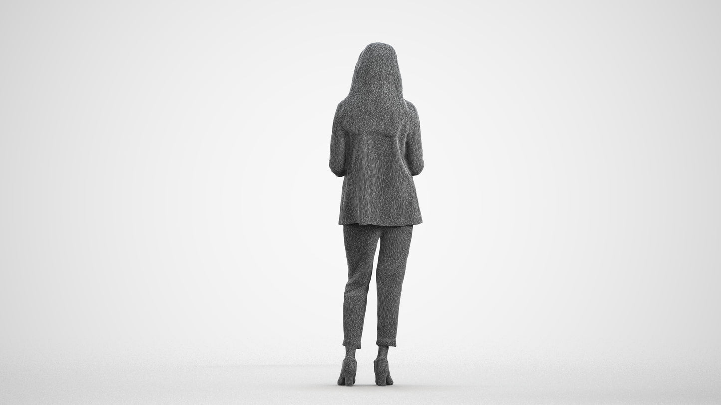 3D human model woman business, photogrammetry scanned person for archviz, wireframe front view