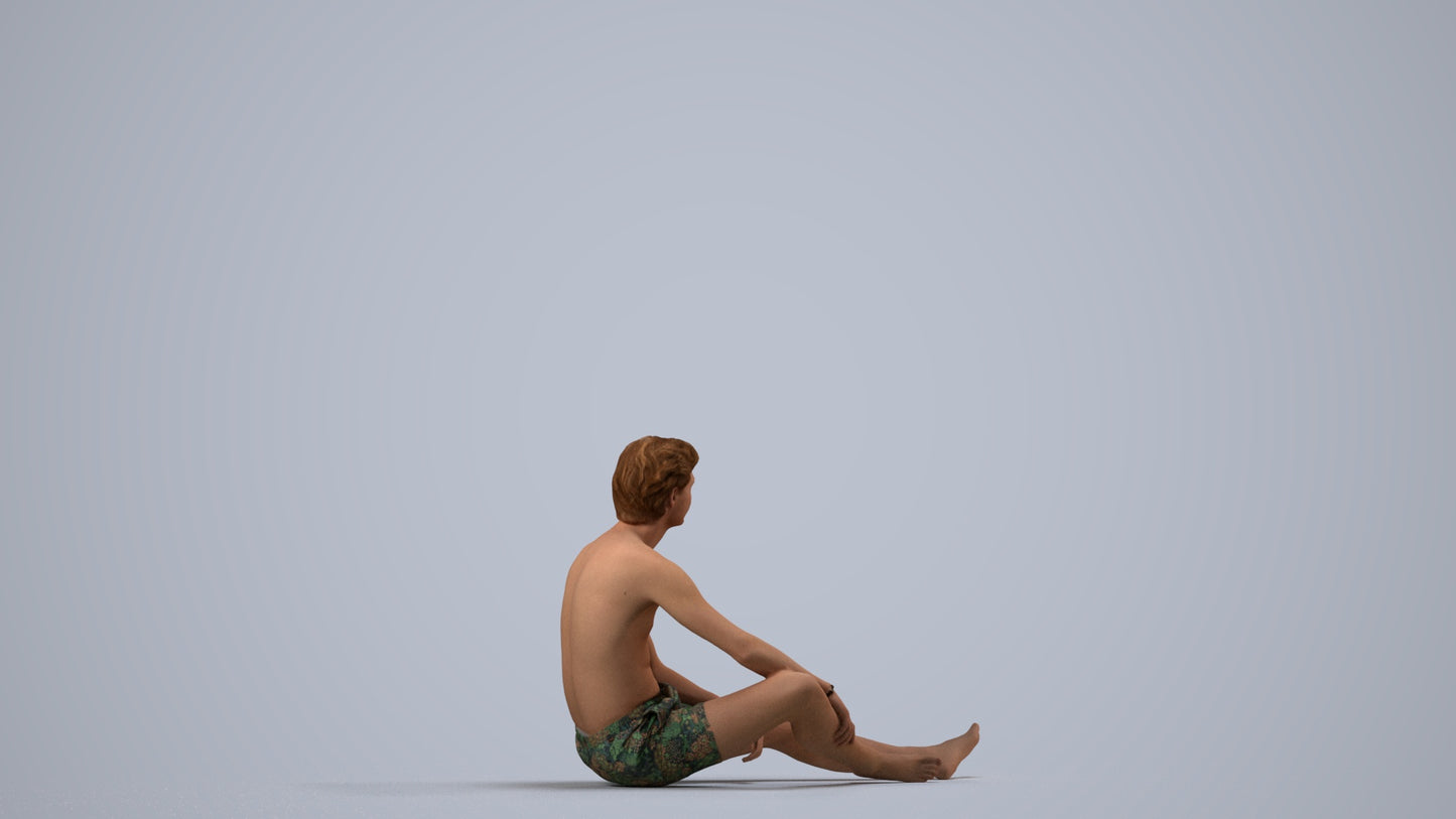 3D human model man pool, photogrammetry scanned person for archviz, side view render