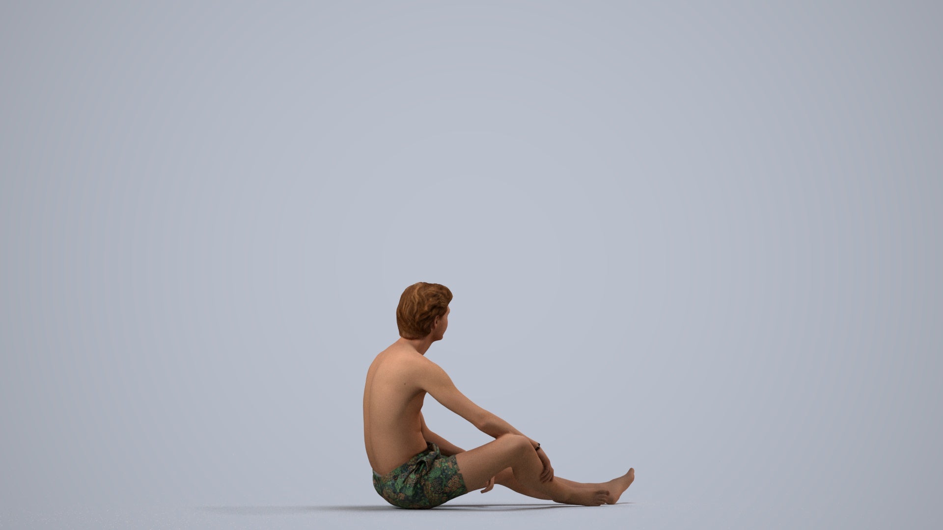3D human model man pool, photogrammetry scanned person for archviz, side view render