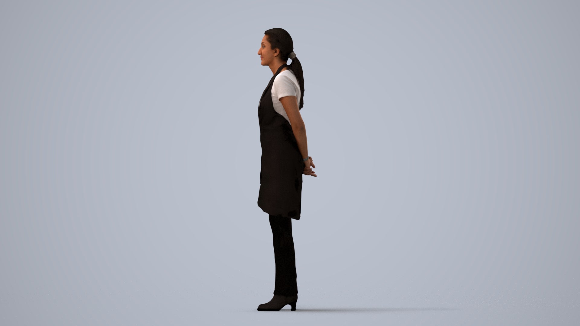 realistic 3D woman hospitality, scanned archviz people for Blender and 3ds Max, three-quarter view render