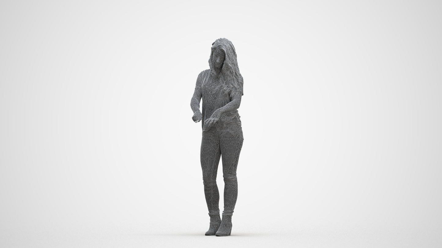 realistic 3D woman casual standing, scanned archviz people for Blender and 3ds Max, three-quarter front view render