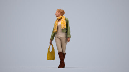 3D human model woman casual walking, photogrammetry scanned person for archviz, top-down view render