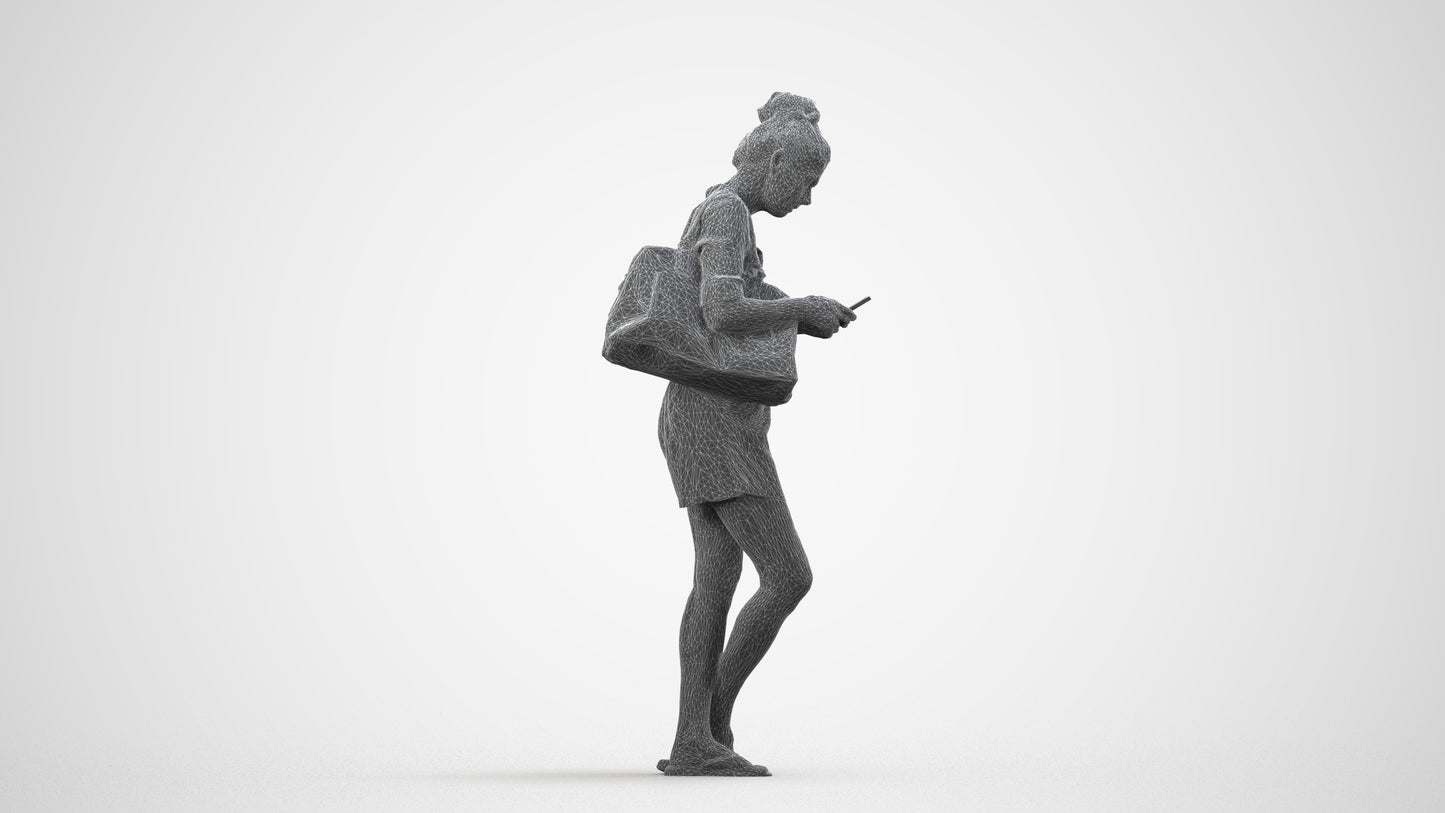 3D scanned woman standing casual, photorealistic archviz people for Enscape and SketchUp, wireframe side view