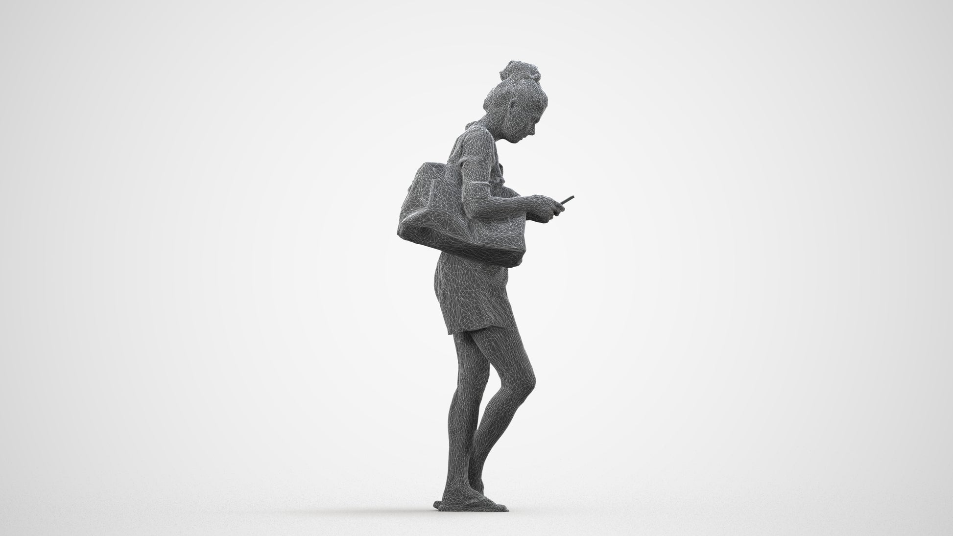 3D scanned woman standing casual, photorealistic archviz people for Enscape and SketchUp, wireframe side view