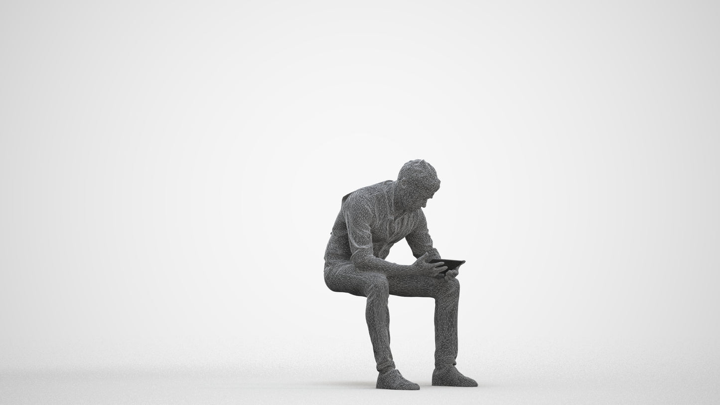 scanned 3D man casual sitting, photogrammetry people for Enscape and V-Ray, three-quarter front view render