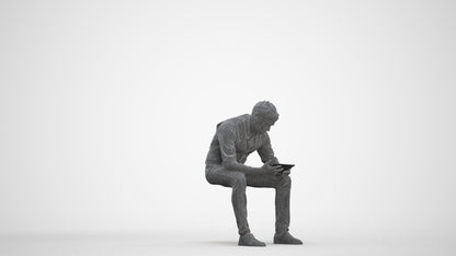 scanned 3D man casual sitting, photogrammetry people for Enscape and V-Ray, three-quarter front view render