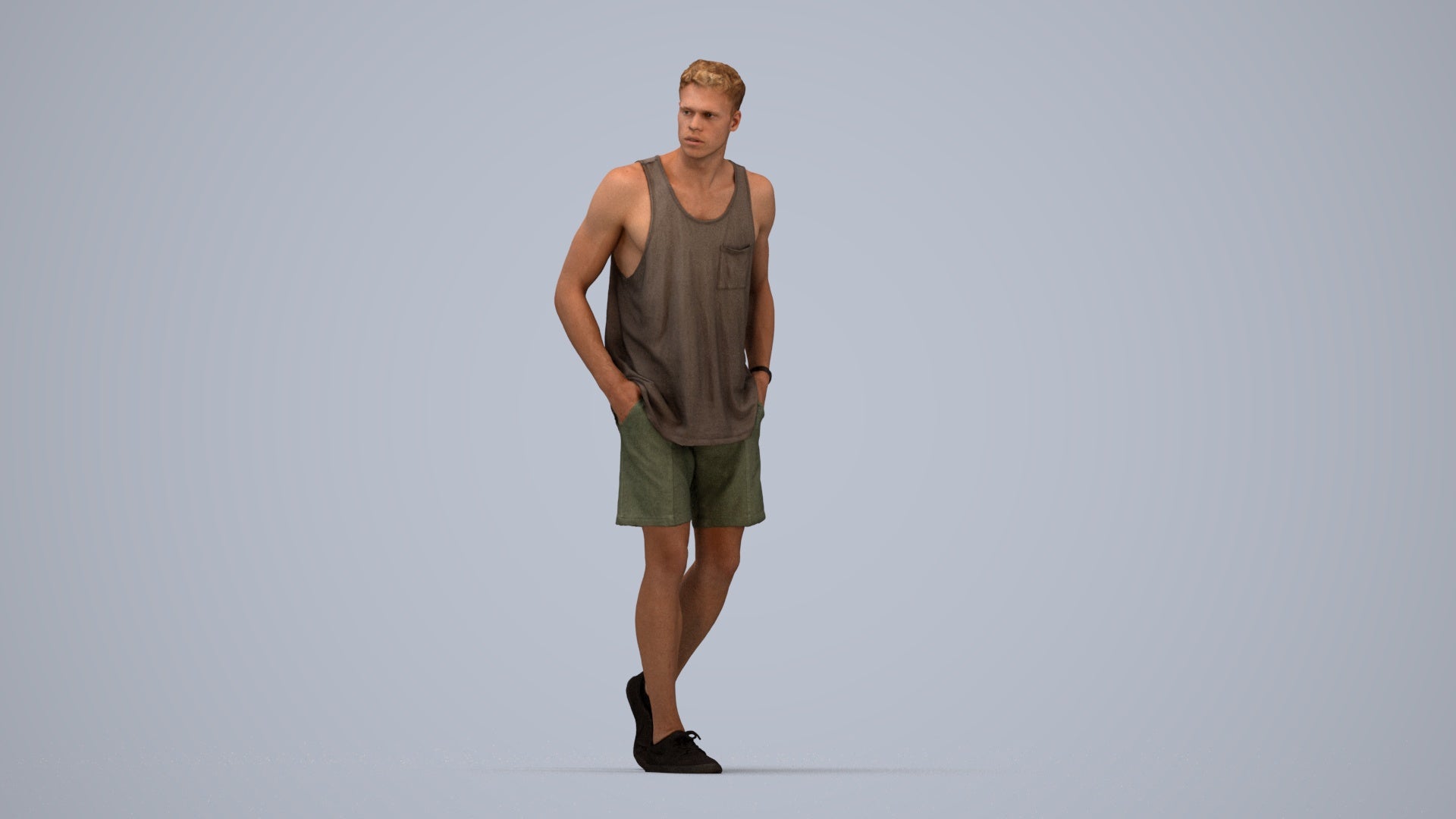 3D human model woman casual walking, photogrammetry scanned person for archviz, top-down view render