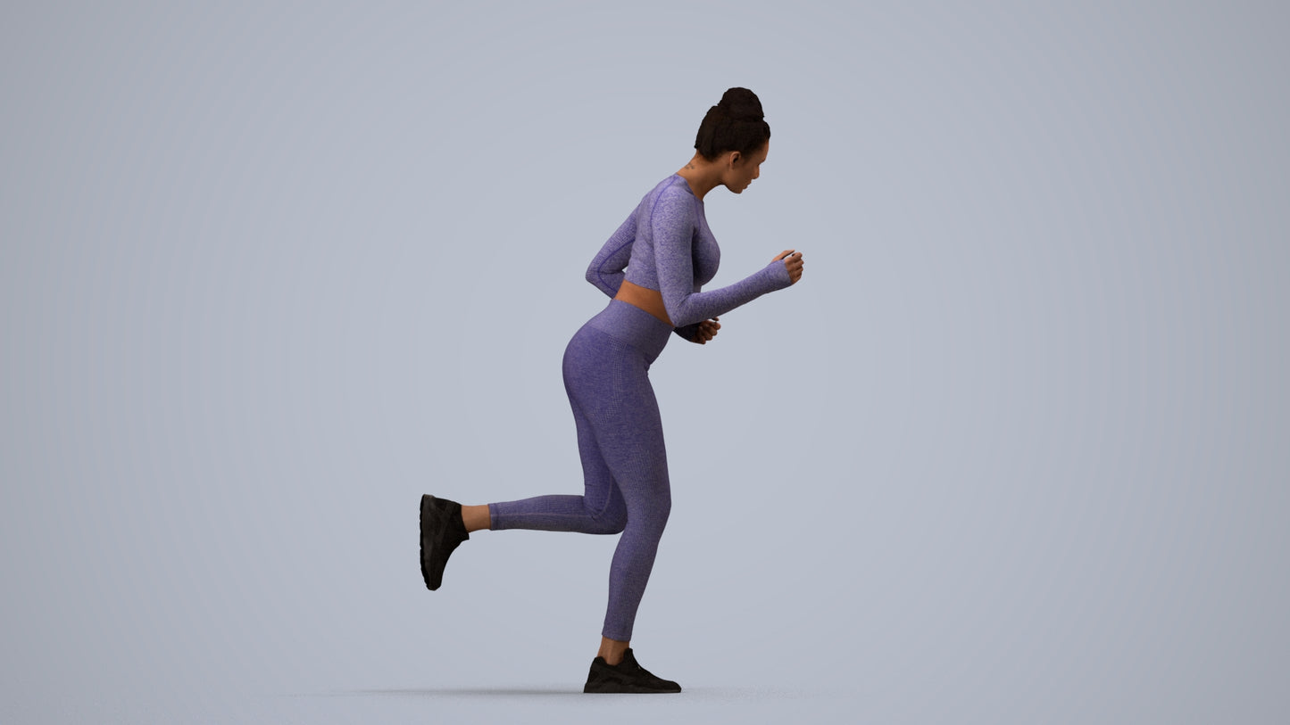 3D human model woman sport, photogrammetry scanned person for archviz, side view render