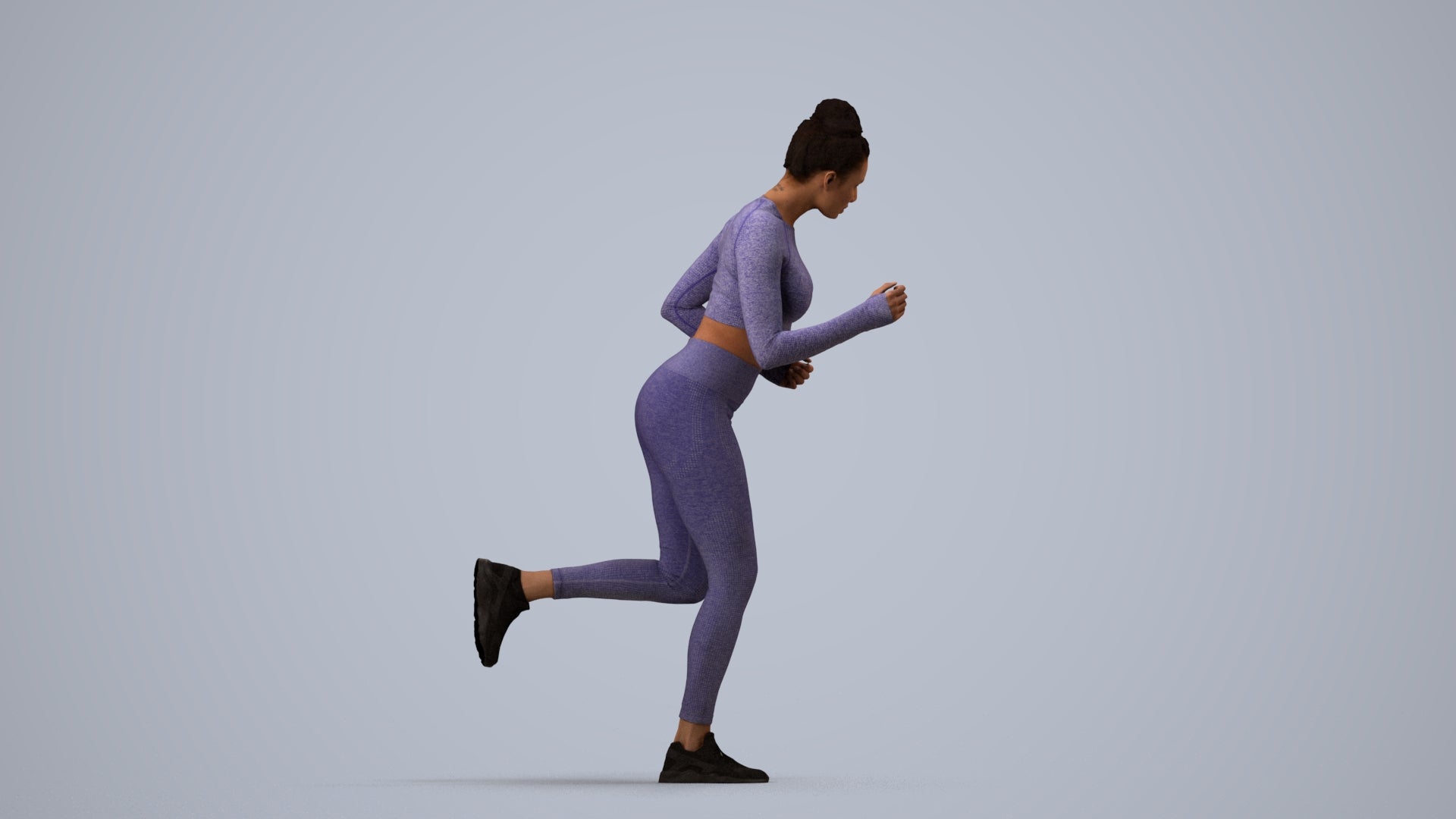 3D human model woman sport, photogrammetry scanned person for archviz, side view render
