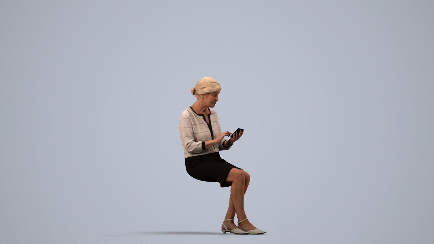 scanned 3D senior woman business sitting, photogrammetry people for Enscape and V-Ray, side view render