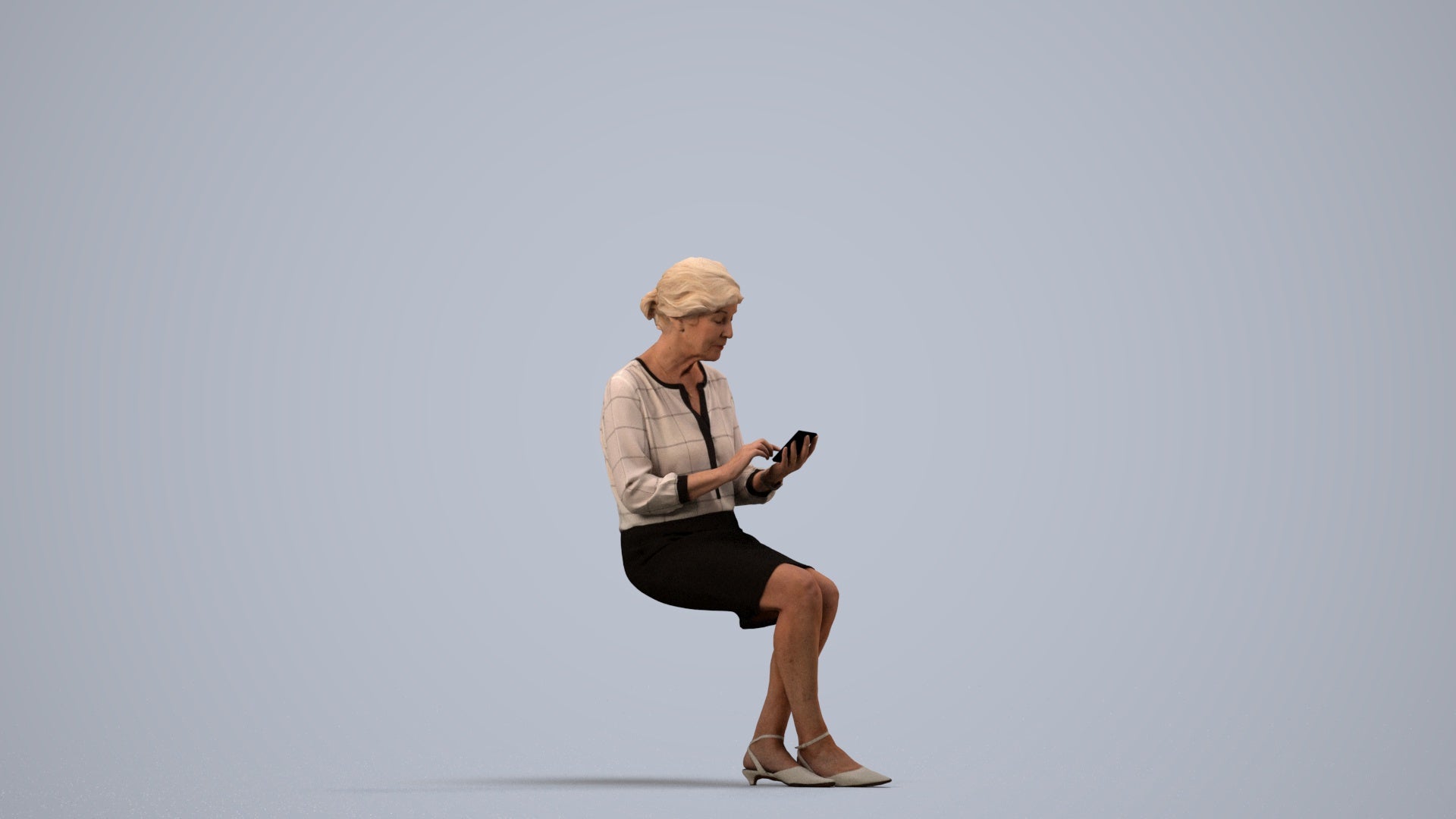 scanned 3D senior woman business sitting, photogrammetry people for Enscape and V-Ray, side view render