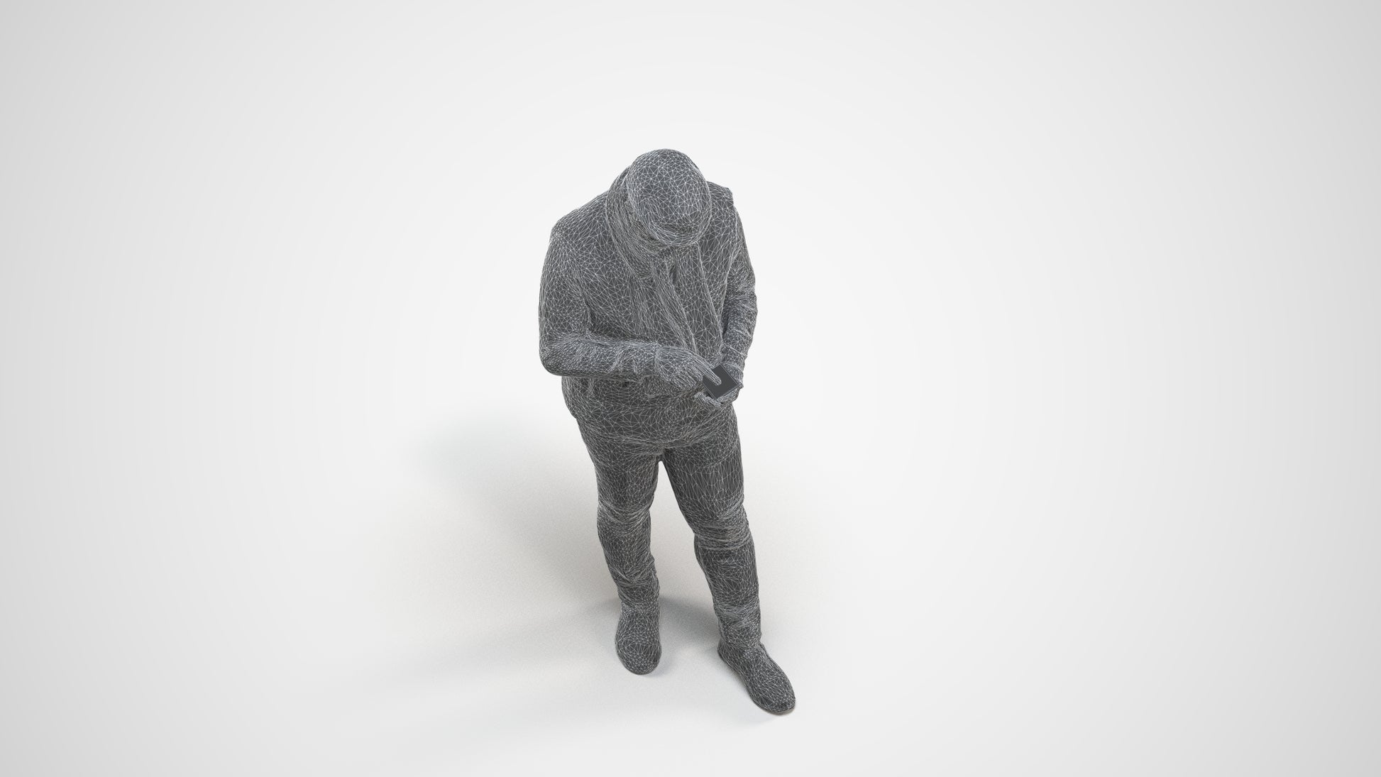 3D scanned man standing casual, photorealistic archviz people for Enscape and SketchUp, wireframe three-quarter view