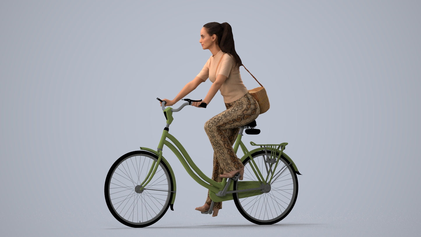 scanned 3D woman casual cycling, photogrammetry people for Enscape and V-Ray, three-quarter view render