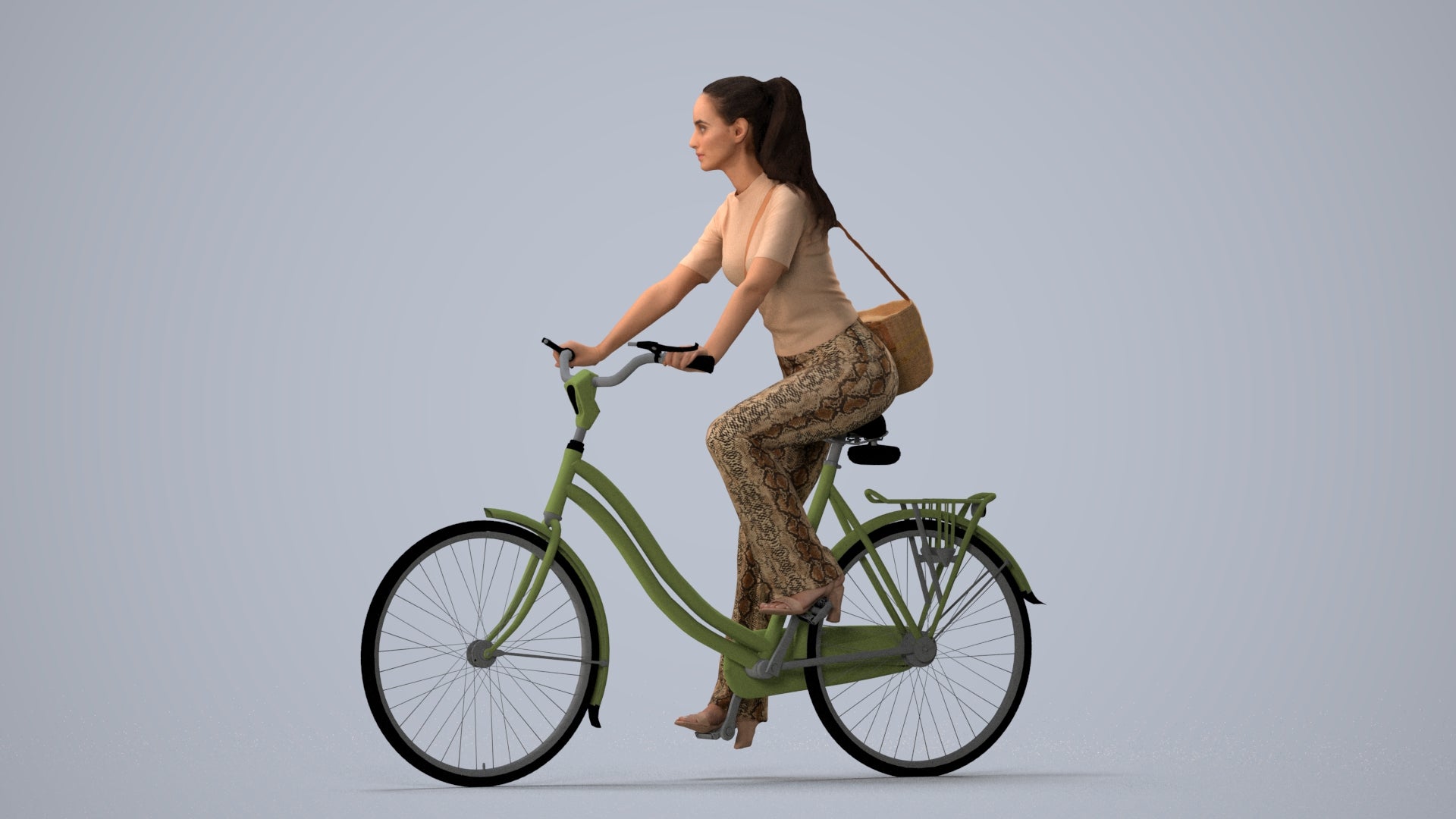 scanned 3D woman casual cycling, photogrammetry people for Enscape and V-Ray, three-quarter view render