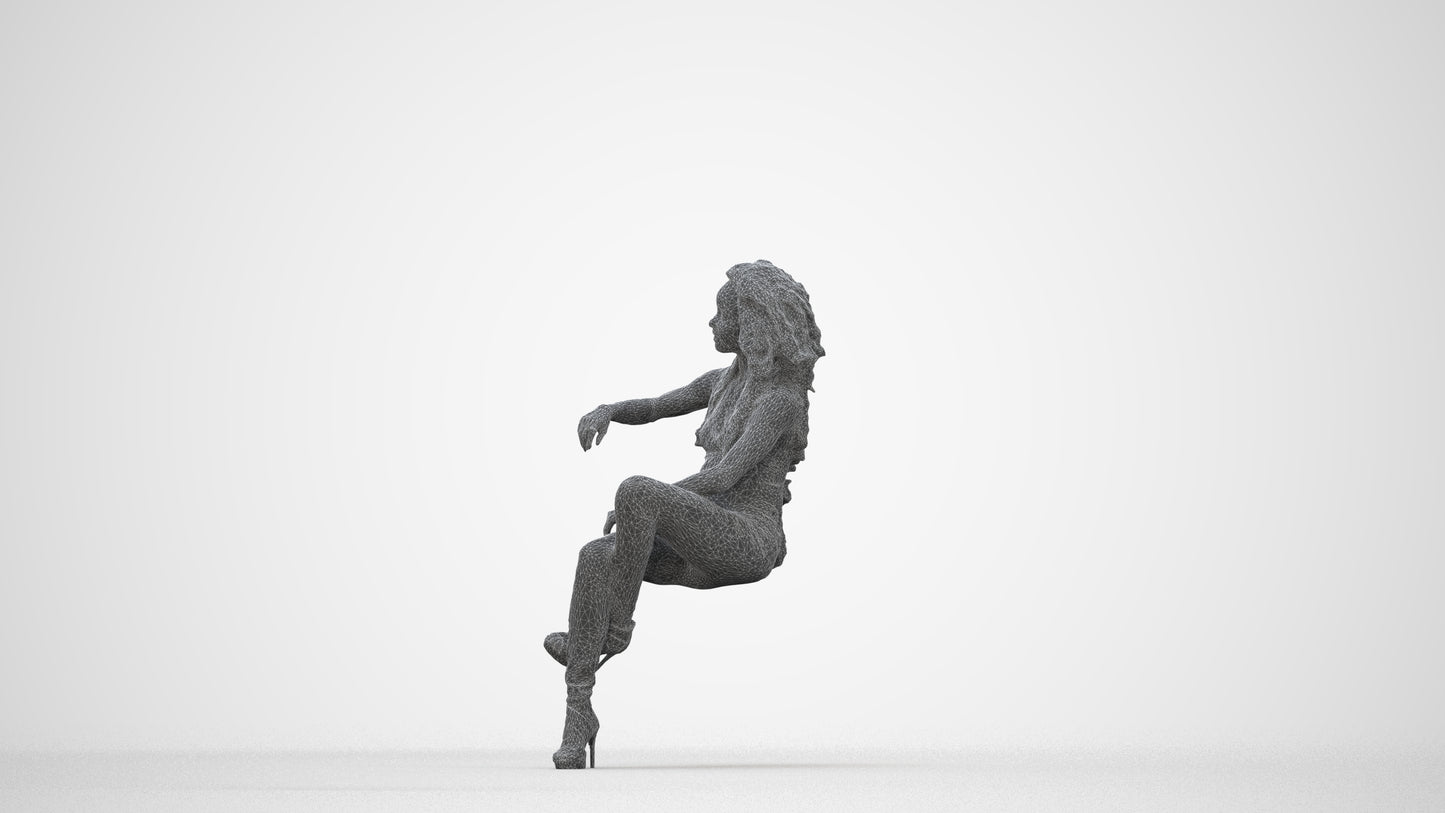 3D people model woman casual sitting, scanned human for 3ds Max rendering, wireframe back view