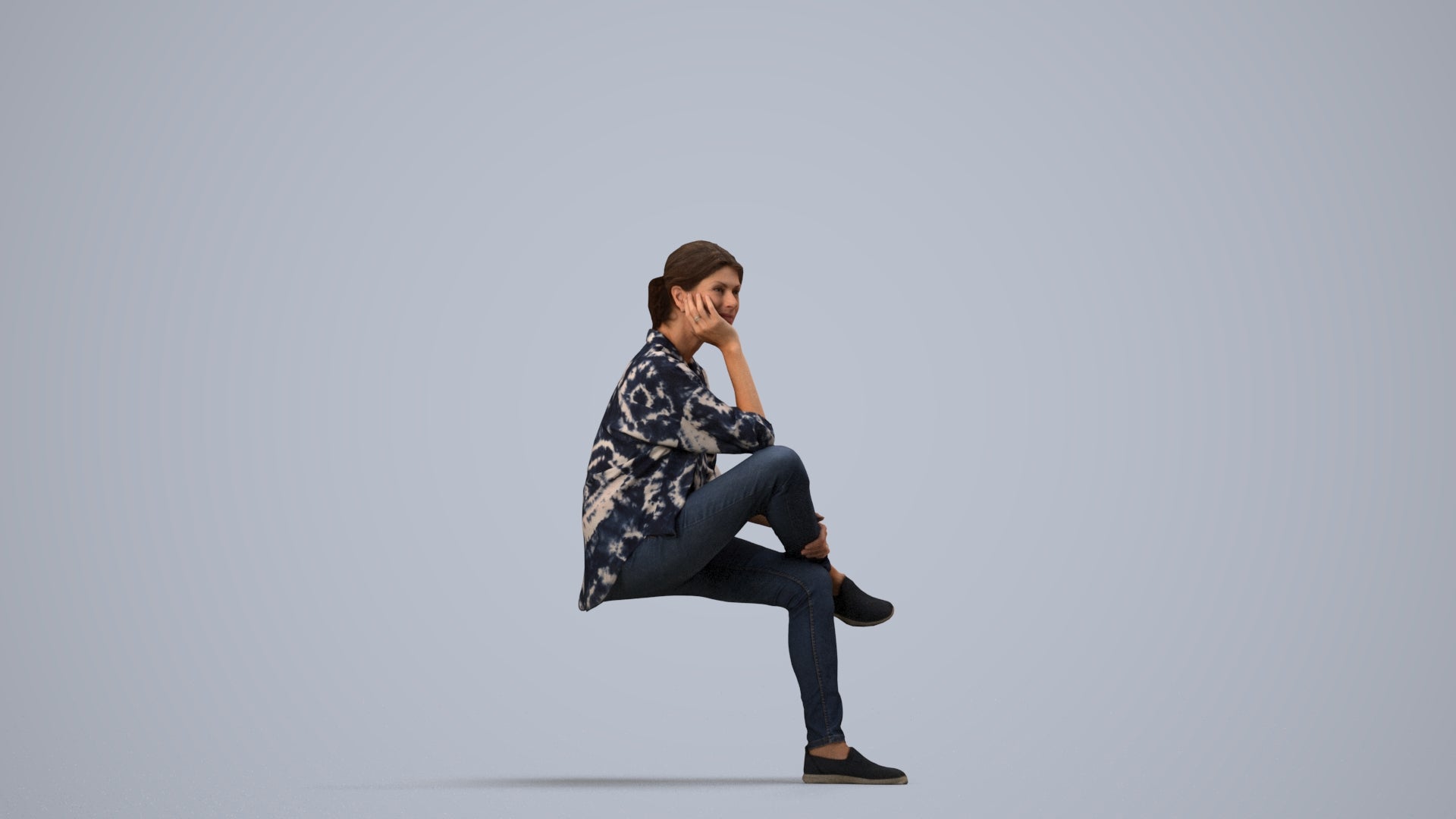 scanned 3D woman casual sitting, photogrammetry people for Enscape and V-Ray, side view render
