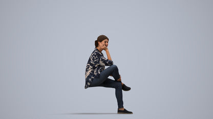 scanned 3D woman casual sitting, photogrammetry people for Enscape and V-Ray, side view render