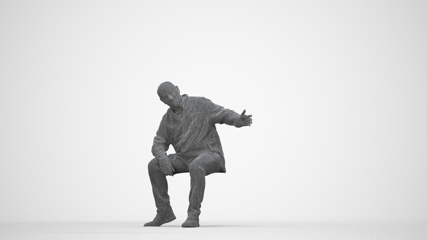 scanned 3D senior man casual sitting, photogrammetry people for Enscape and V-Ray, wireframe back view