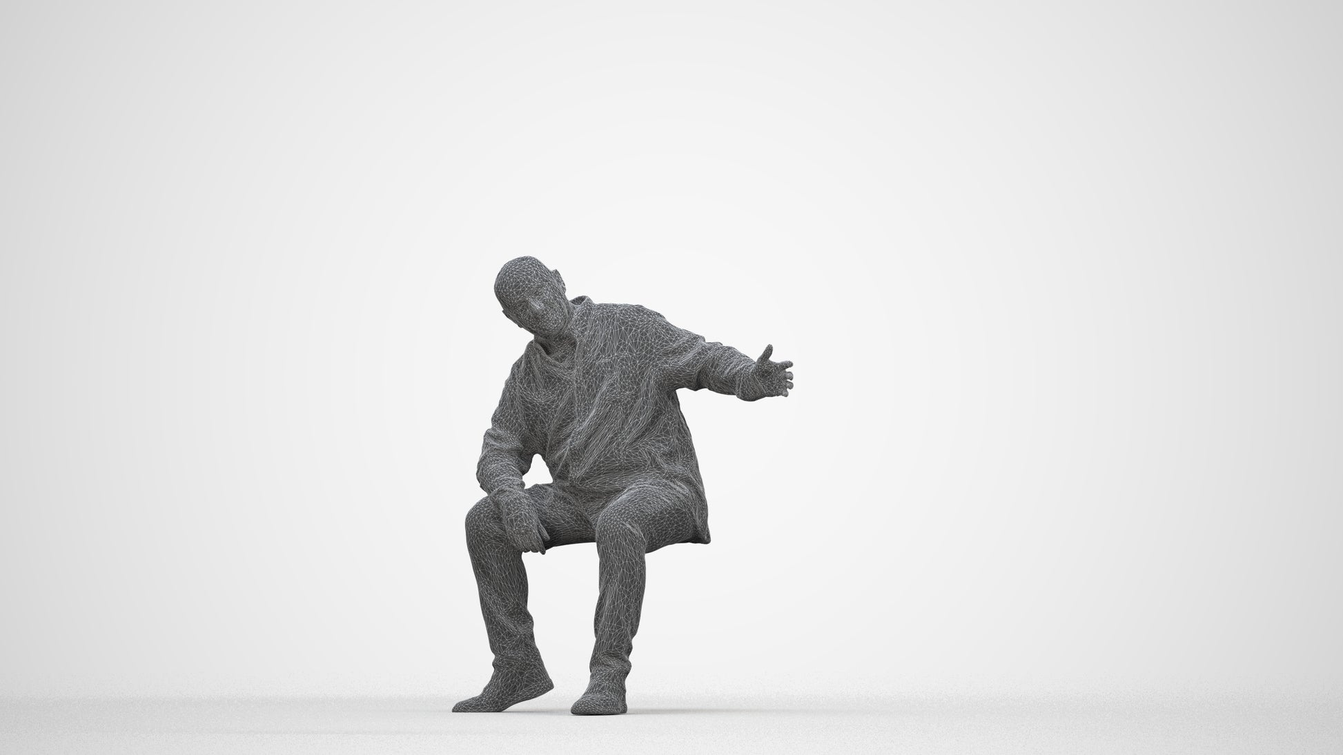 scanned 3D senior man casual sitting, photogrammetry people for Enscape and V-Ray, wireframe back view