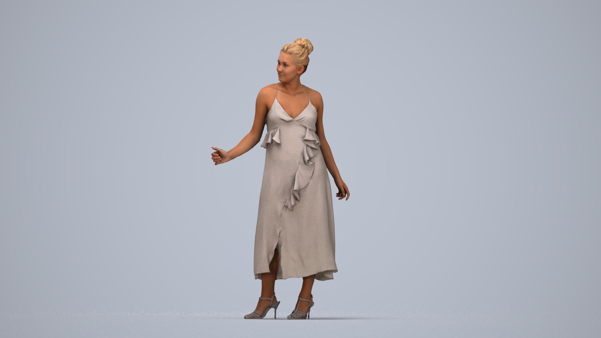 3D people model woman formal door, scanned human for 3ds Max rendering, top-down view render