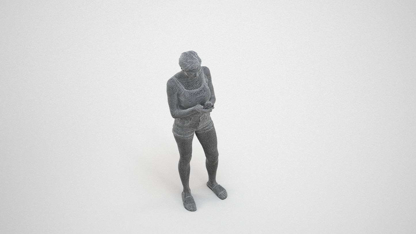 3D human model woman casual standing, photogrammetry scanned person for archviz, wireframe three-quarter view