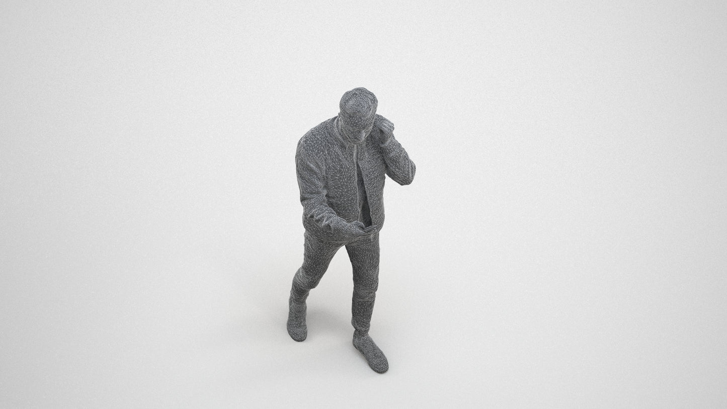 3D scanned man walking casual, photorealistic archviz people for Enscape and SketchUp, wireframe three-quarter view