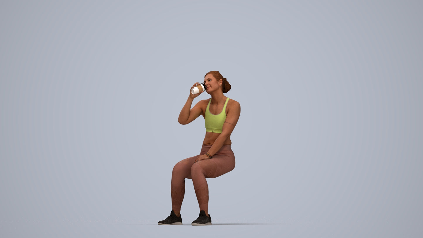 3D human model woman sport, photogrammetry scanned person for archviz, top-down view render