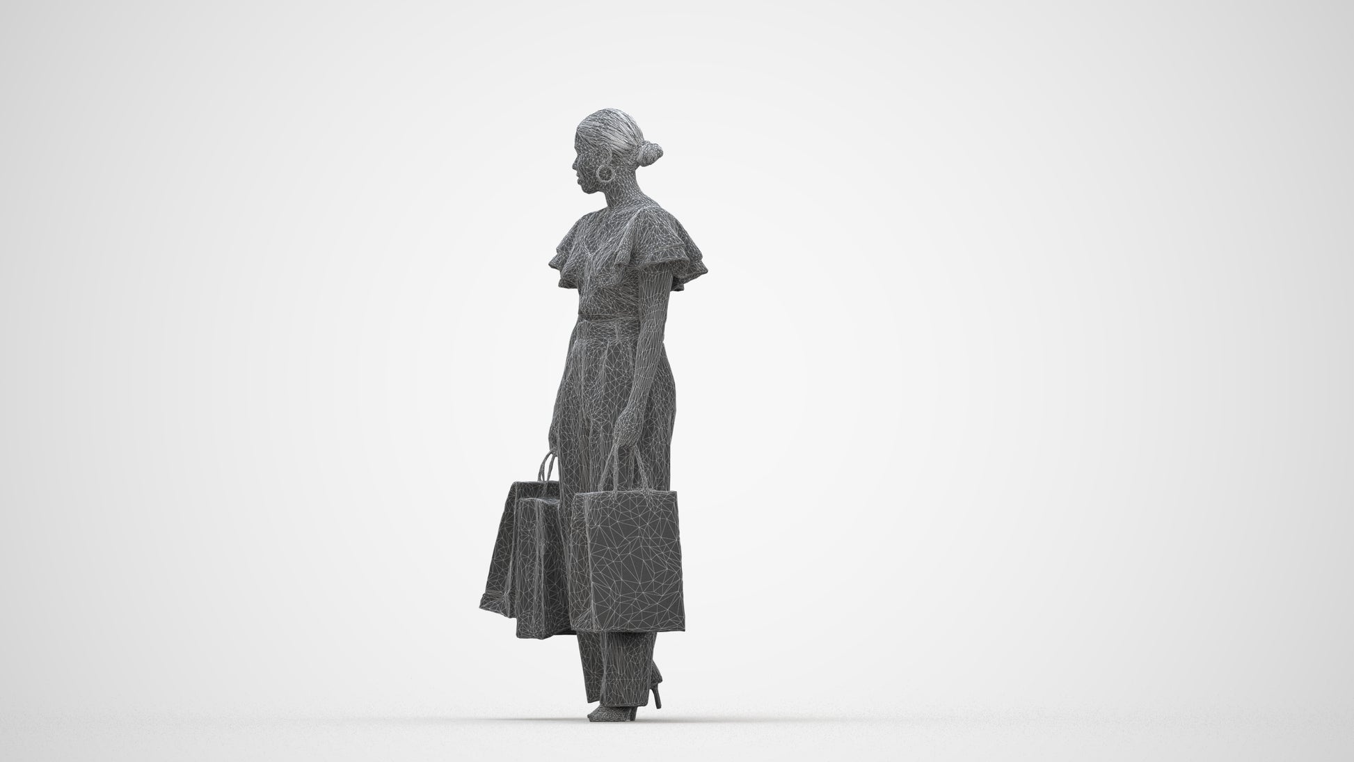 scanned 3D woman business shopping, photogrammetry people for Enscape and V-Ray, wireframe back view