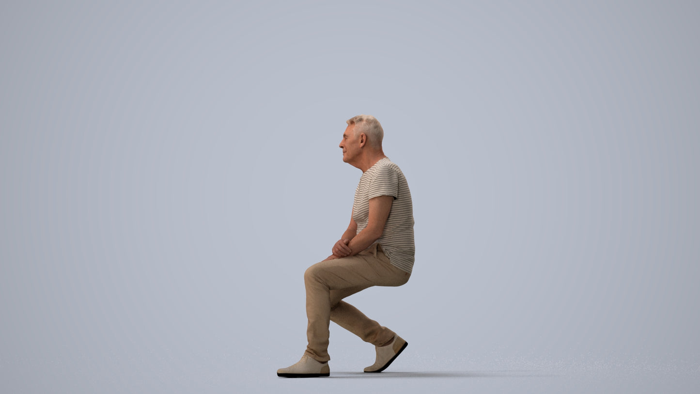 scanned 3D senior man casual sitting, photogrammetry people for Enscape and V-Ray, three-quarter view render