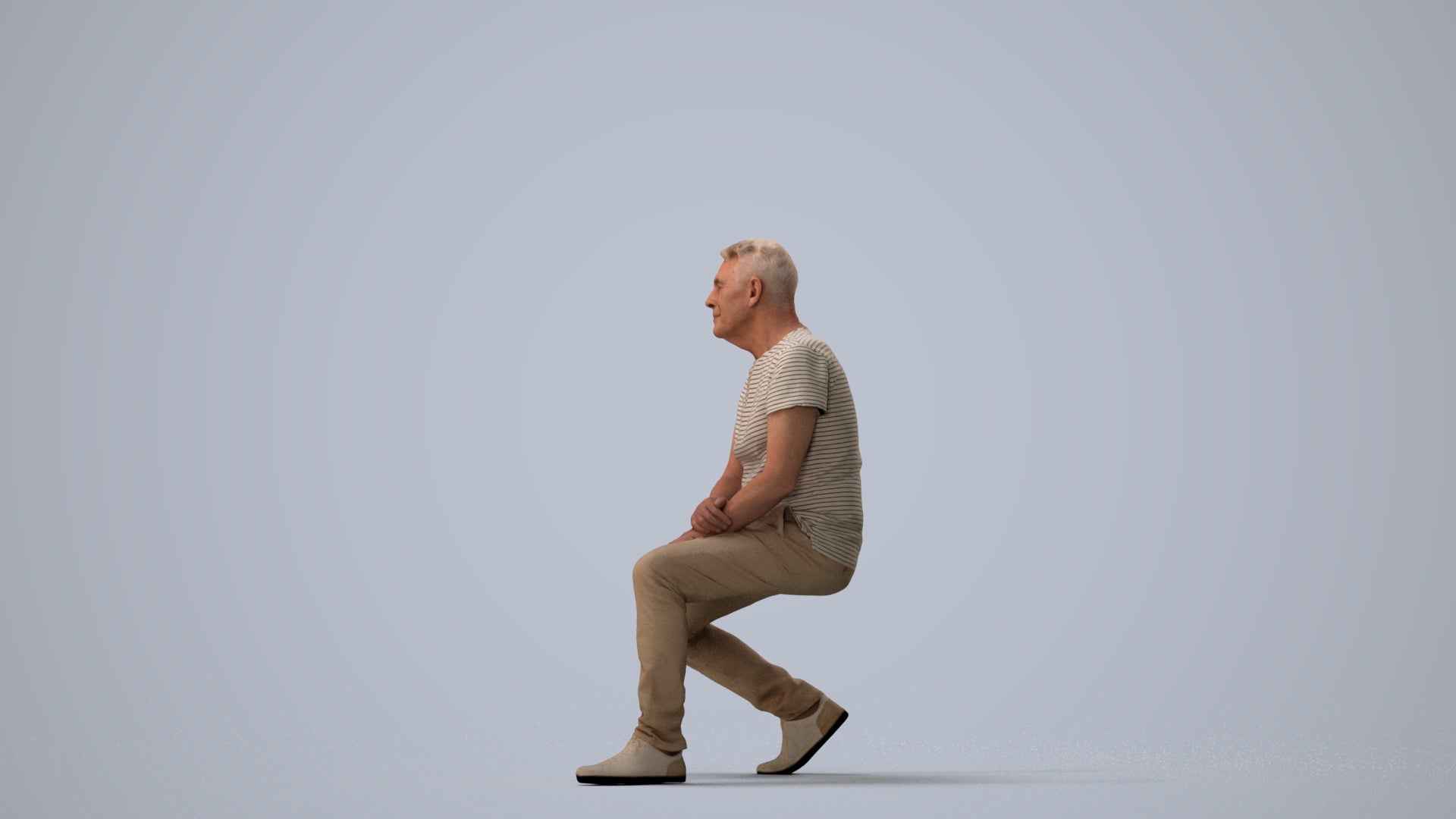 scanned 3D senior man casual sitting, photogrammetry people for Enscape and V-Ray, three-quarter view render