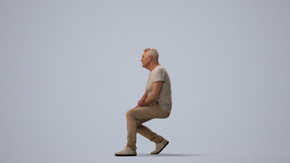 scanned 3D senior man casual sitting, photogrammetry people for Enscape and V-Ray, three-quarter view render