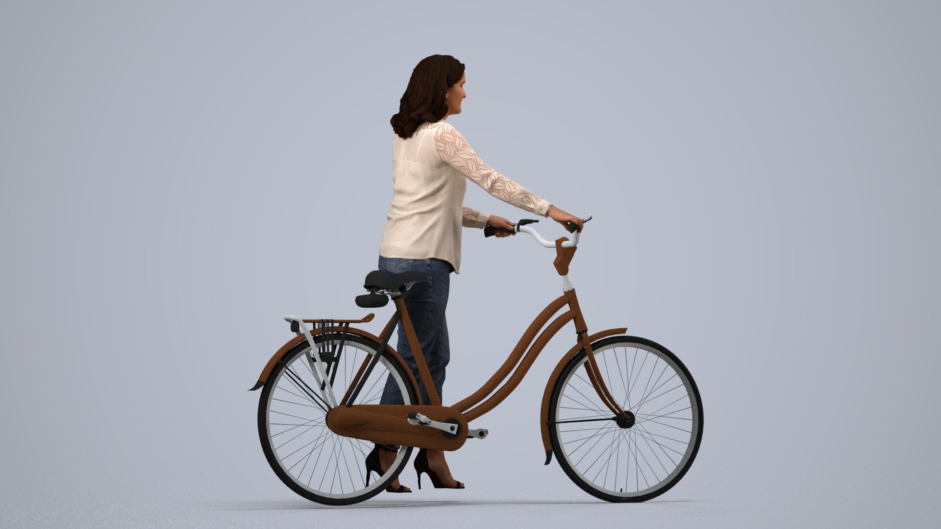 3D human model woman casual walking, photogrammetry scanned person for archviz, side view render