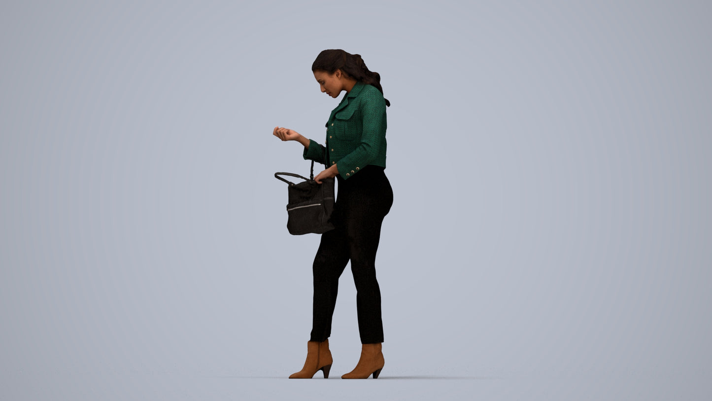 realistic 3D woman business standing, scanned archviz people for Blender and 3ds Max, top-down view render