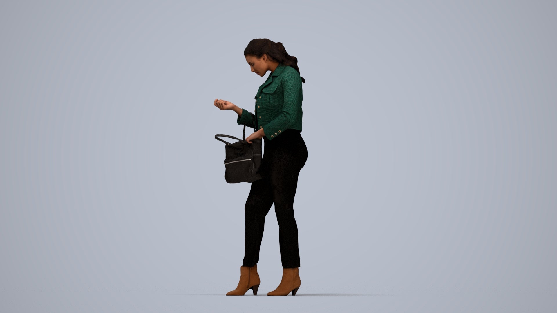 realistic 3D woman business standing, scanned archviz people for Blender and 3ds Max, top-down view render
