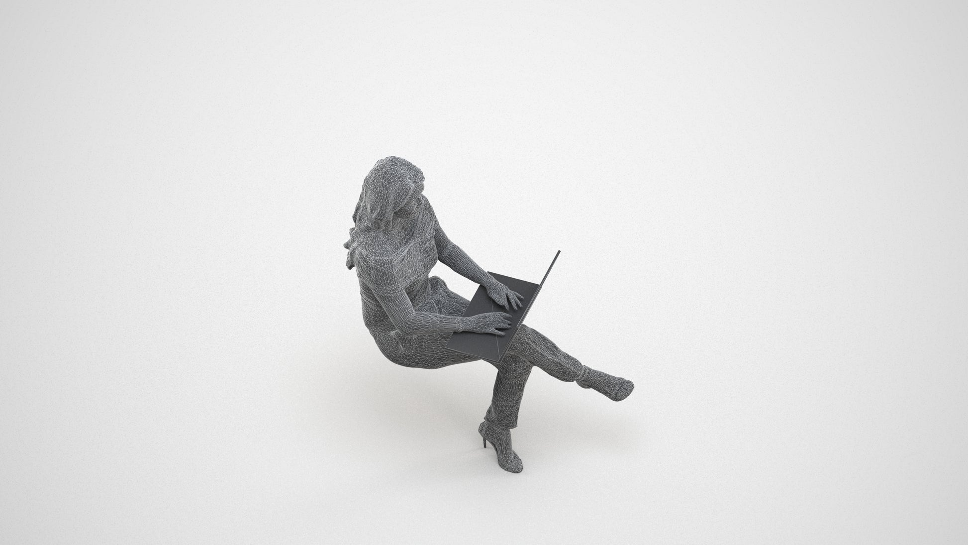 realistic 3D human woman business sitting, archviz people FBX OBJ for Blender, wireframe three-quarter view