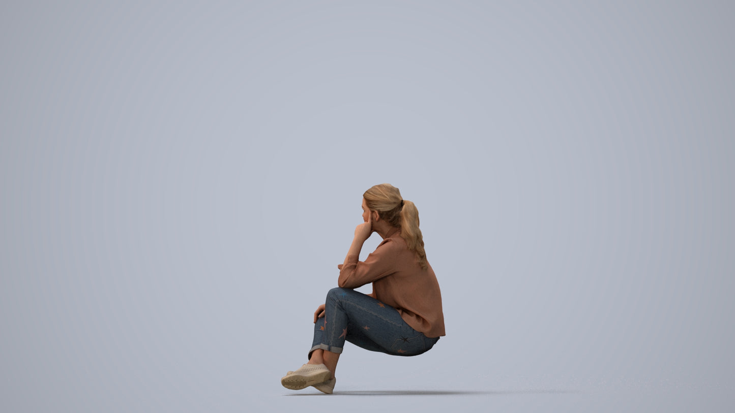 3D human model woman casual sitting, photogrammetry scanned person for archviz, three-quarter view render